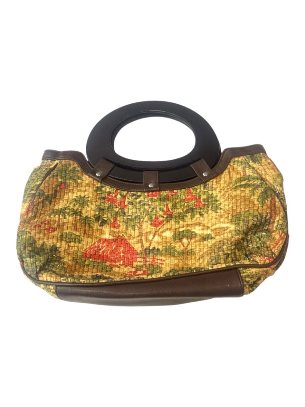 Boho Woven Straw Tote Bag w/ Wooden Handles Tropical Print 14x8 Vintage Purse - Picture 2 of 5